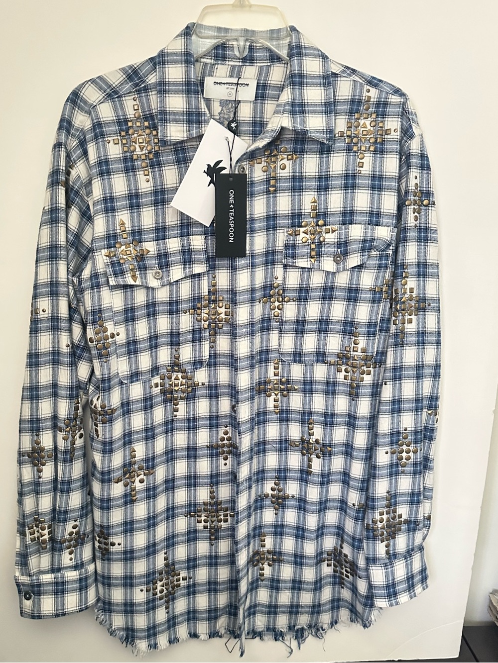 One Teaspoon Lunar Flannel Studded Plaid Button Front Shirt White Blue NWT Relax